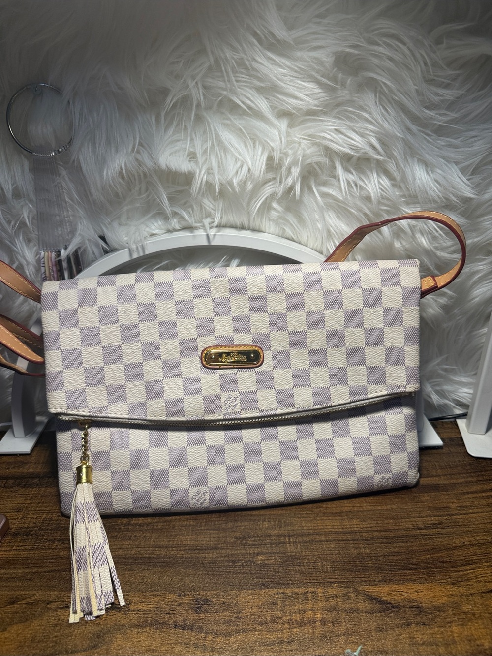 Checkered Fold-Over Crossbody Bag in Cream and Light Gray